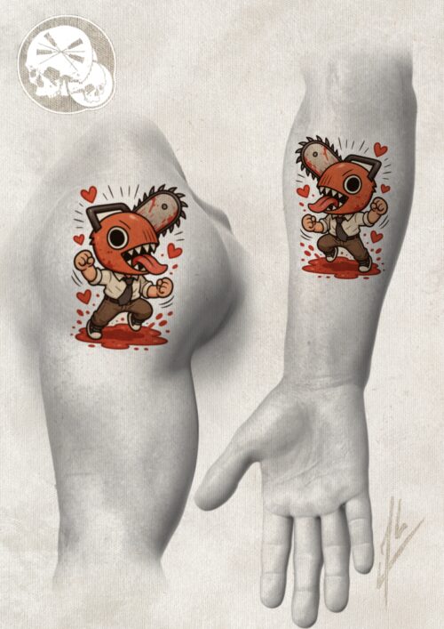 Projet tatouage d'un Chainsawman dans une version chibi en couleur réalisé par Alex, The Needles Factory