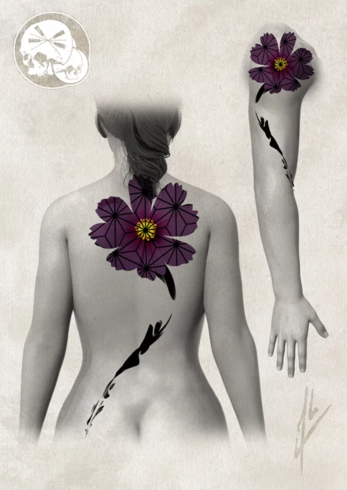 Image représentant un dos de femme et un bras féminin avec un modèle de tattoo d'une fleur graphique motif asanoha par Alex de The Needles Factory