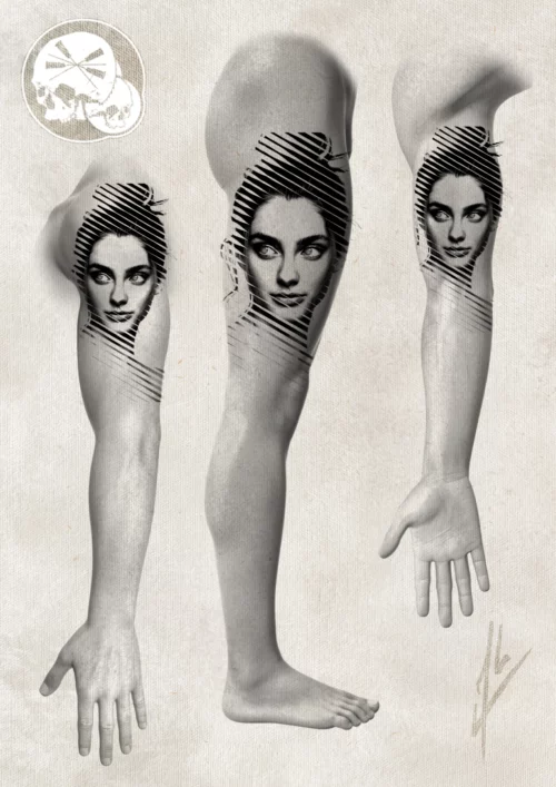 Projet tattoo disposé sur des membre épaule bras et jambe. Portrait de femme graphique. Pa Alex Needles Factory