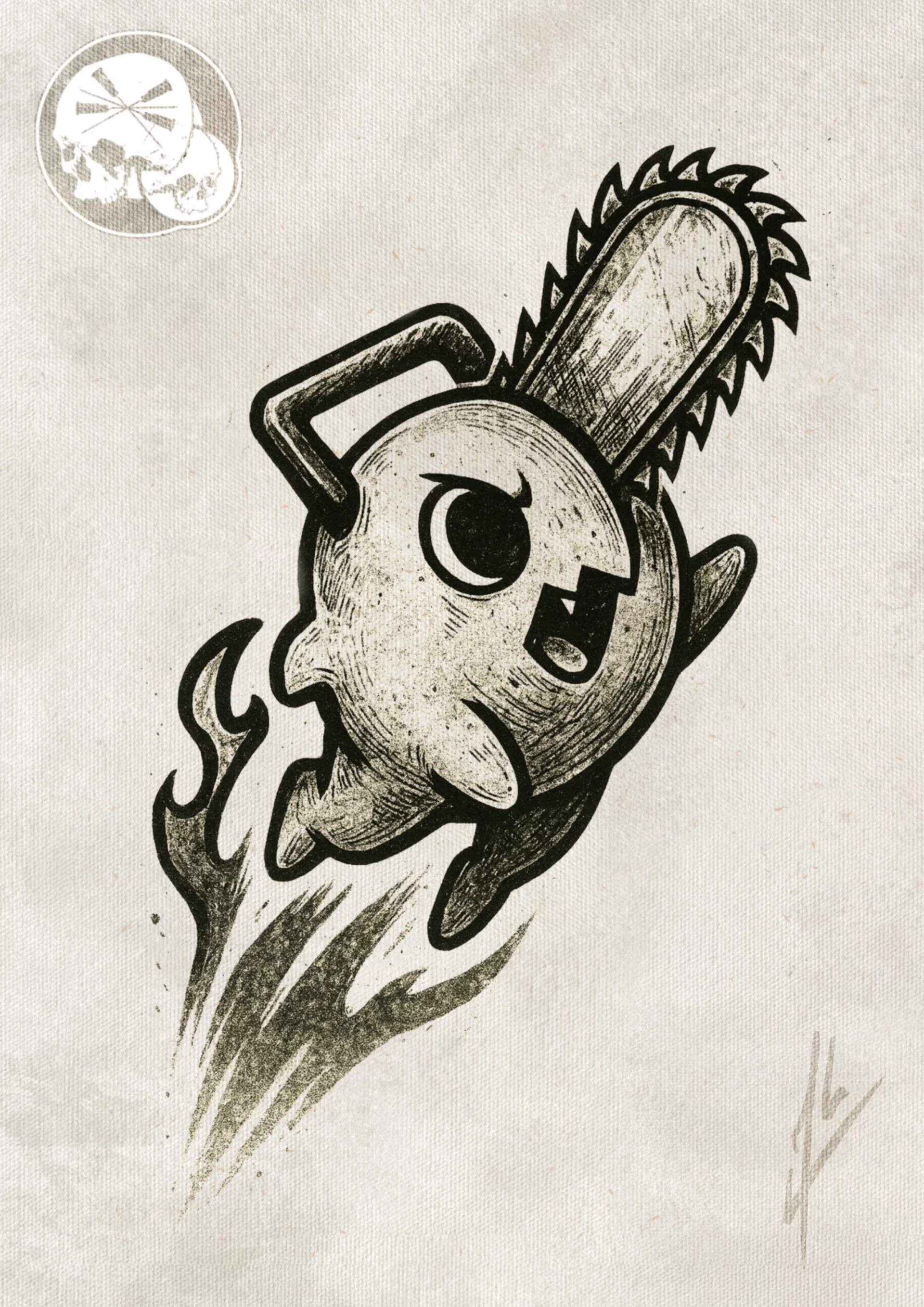 Flash TattooReprésente un dessin type manga à tatouer de Pochita de Chainsawman