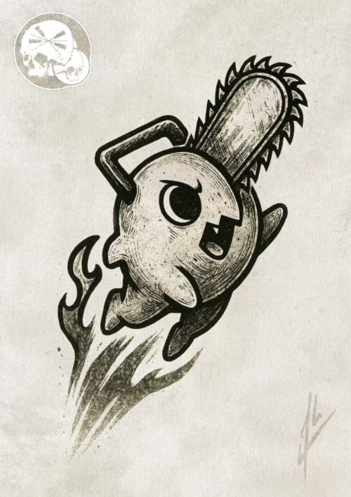 Représente un dessin type manga à tatouer de Pochita de Chainsawman