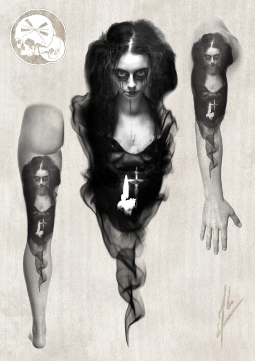 projet tattoo représentant Émilie Strange en noir et gris, avec de la fumée réalisé par Alex The Needles Factory