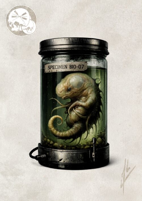 Illustration dark art Specimen BIO-07 en bocal – Boulogne-sur-Mer (62) | The Needles Factory Illustration dark art d’une créature embryonnaire en bocal à Boulogne-sur-Mer (62)