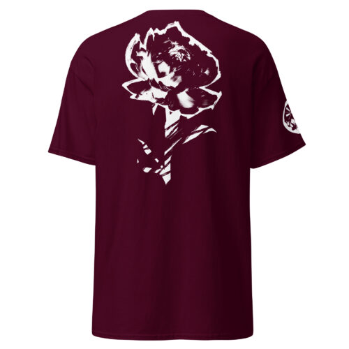 T-shirt bordeaux avec une pivoine graphique imprimé dans le dos