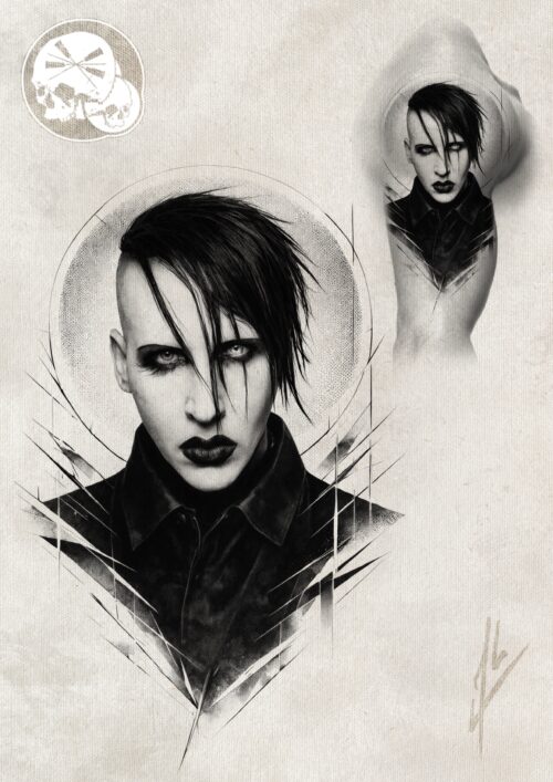 Projet tatouage portrait Marilyn Manson noir et gris graphique sur haut du bras, Boulogne-sur-Mer (62)