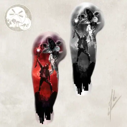 Projet de tatouage Stranger Things noir et gris sur mollet à Boulogne-sur-Mer (62) – The Needles Factory