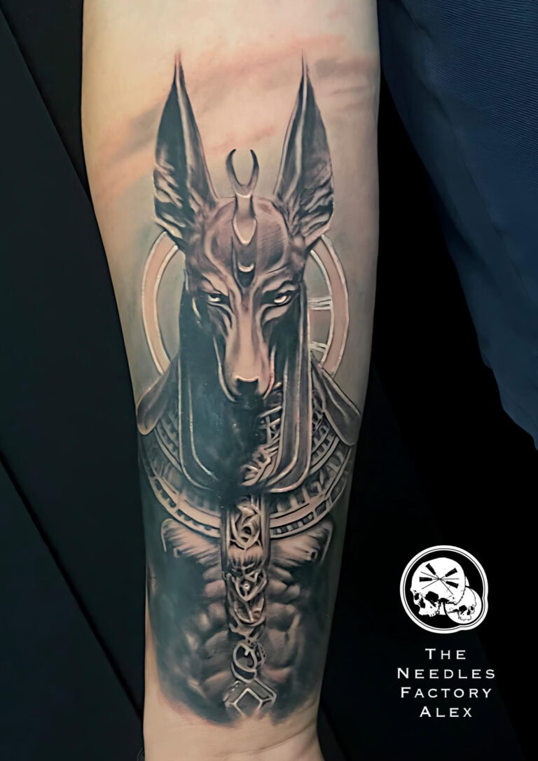 tatouage anubis bras réalisme noir et gris à Boulogne-sur-Mer – The Needles Factory
