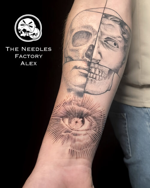 tatouage graphique crâne statue oeil