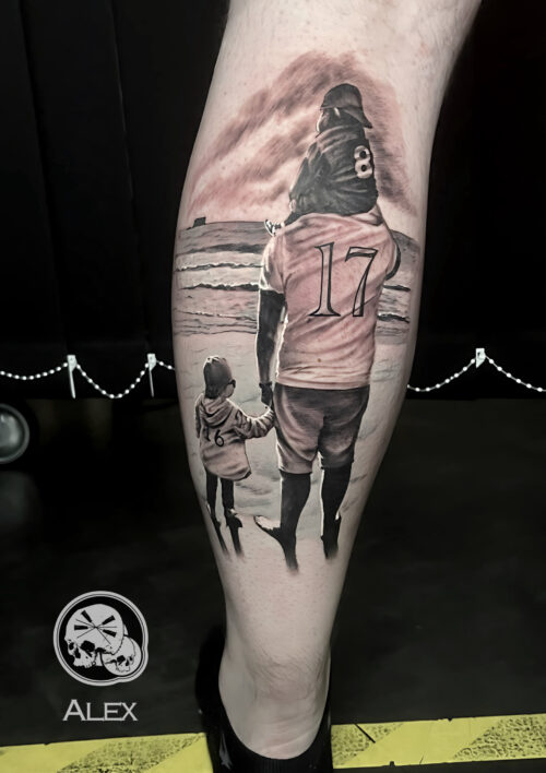 tatouage mollet père et fils plage