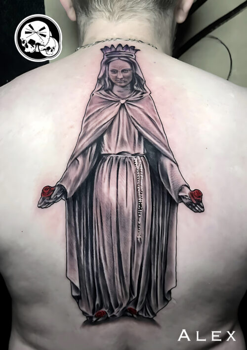 Tatouage dos Madonne des roses