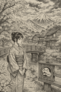 Scène manga en style japonais traditionnel avec une femme en kimono, un pont et le logo The Needles Factory