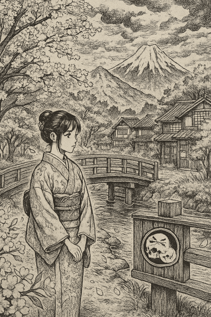 Tatouage, Scène manga en style japonais traditionnel avec une femme en kimono, un pont et le logo The Needles Factory