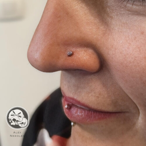 Piercing au nez sur le côté gauche en titane, réalisé par Alex The Needles Factory