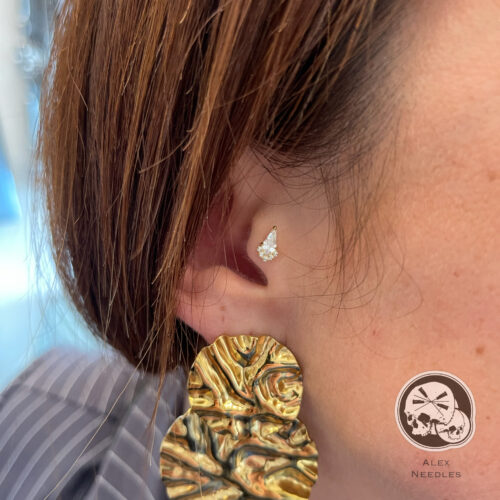 Piercing Tragus en PVD-GOLD avec strass réalisé par Alex, The Needles Factory