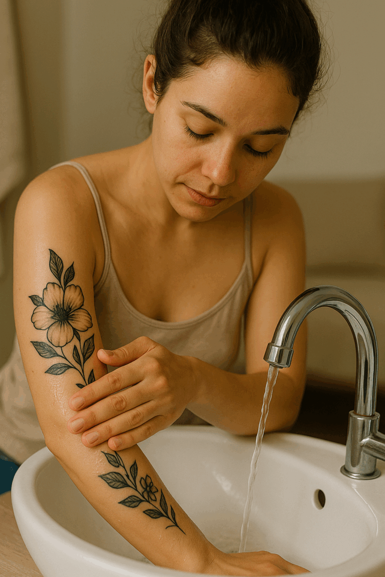 Femme nettoyant son tatouage à l’eau claire et savon doux ph neutre avec les mains, étape de soins après tatouage