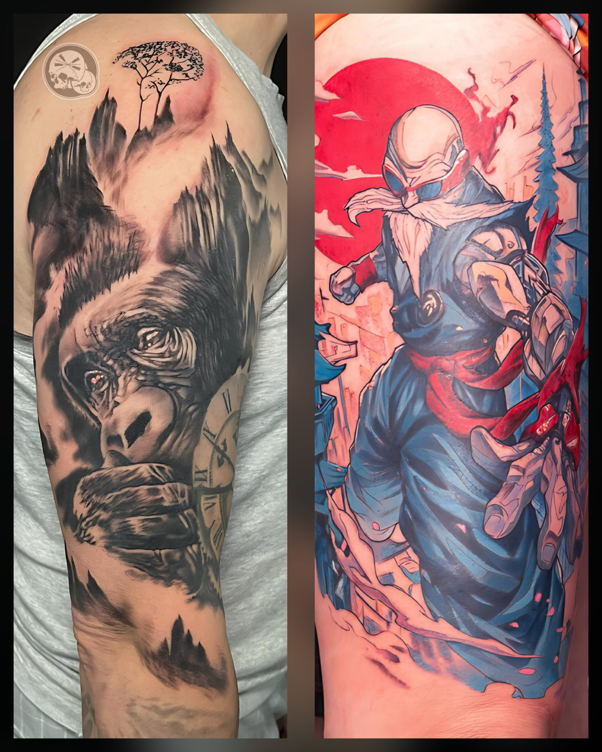 Tatouage noir et gris réaliste et tatouage couleur manga réalisés à Boulogne-sur-Mer chez The Needles Factory