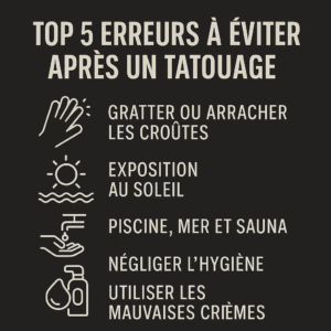 Infographie en français listant les 5 erreurs à éviter après un tatouage : gratter les croûtes, soleil, piscine, mauvaise hygiène et crèmes inadaptées.