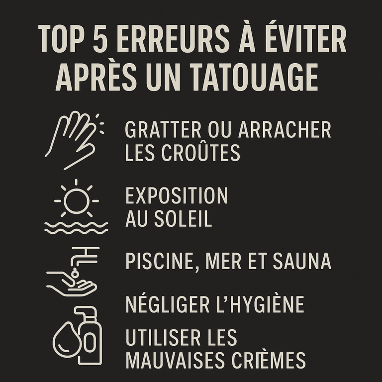 Infographie en français listant les 5 erreurs à éviter après un tatouage : gratter les croûtes, soleil, piscine, mauvaise hygiène et crèmes inadaptées.