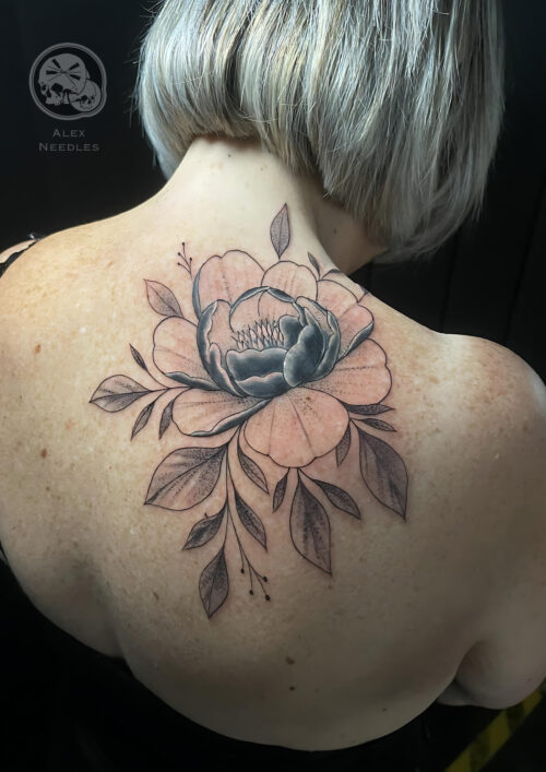 Tatouage pivoine en noir et gris sur le dos, réalisé par Alex Needles à The Needles Factory à Boulogne-sur-Mer.