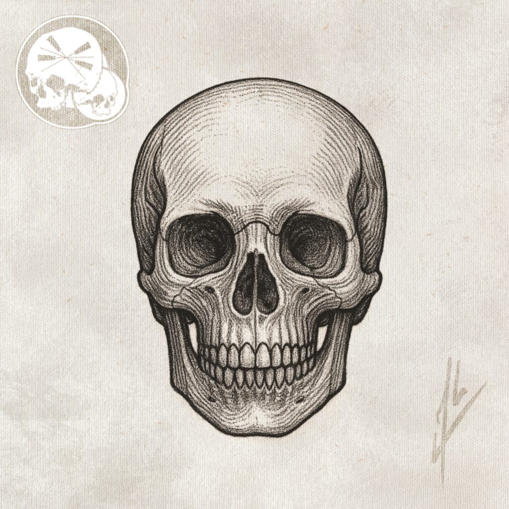 Tatouage crâne style gravure en noir et gris, ombrages fins — The Needles Factory Boulogne-sur-Mer