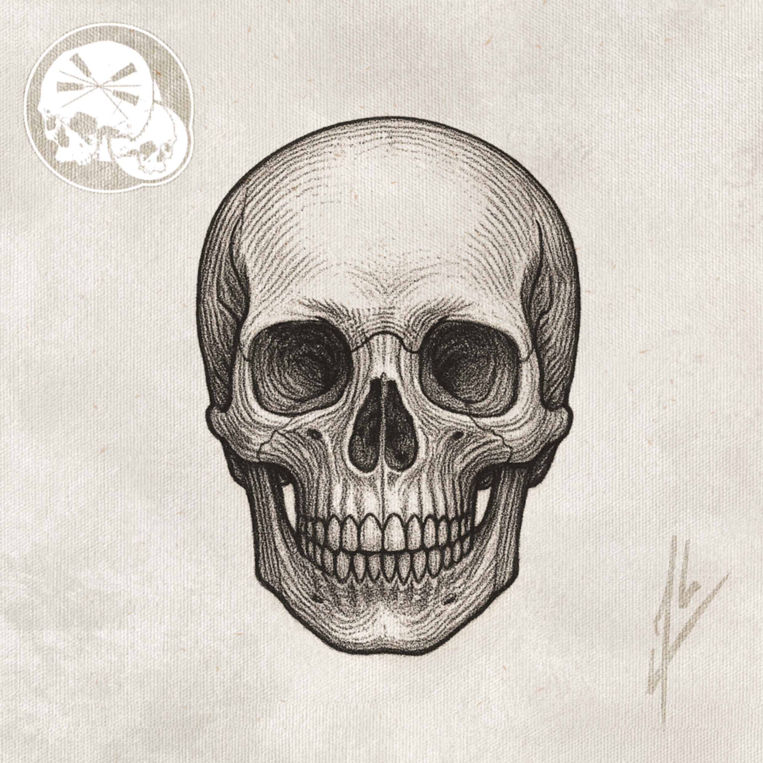 Tatouage crâne style gravure en noir et gris, ombrages fins — The Needles Factory Boulogne-sur-Mer