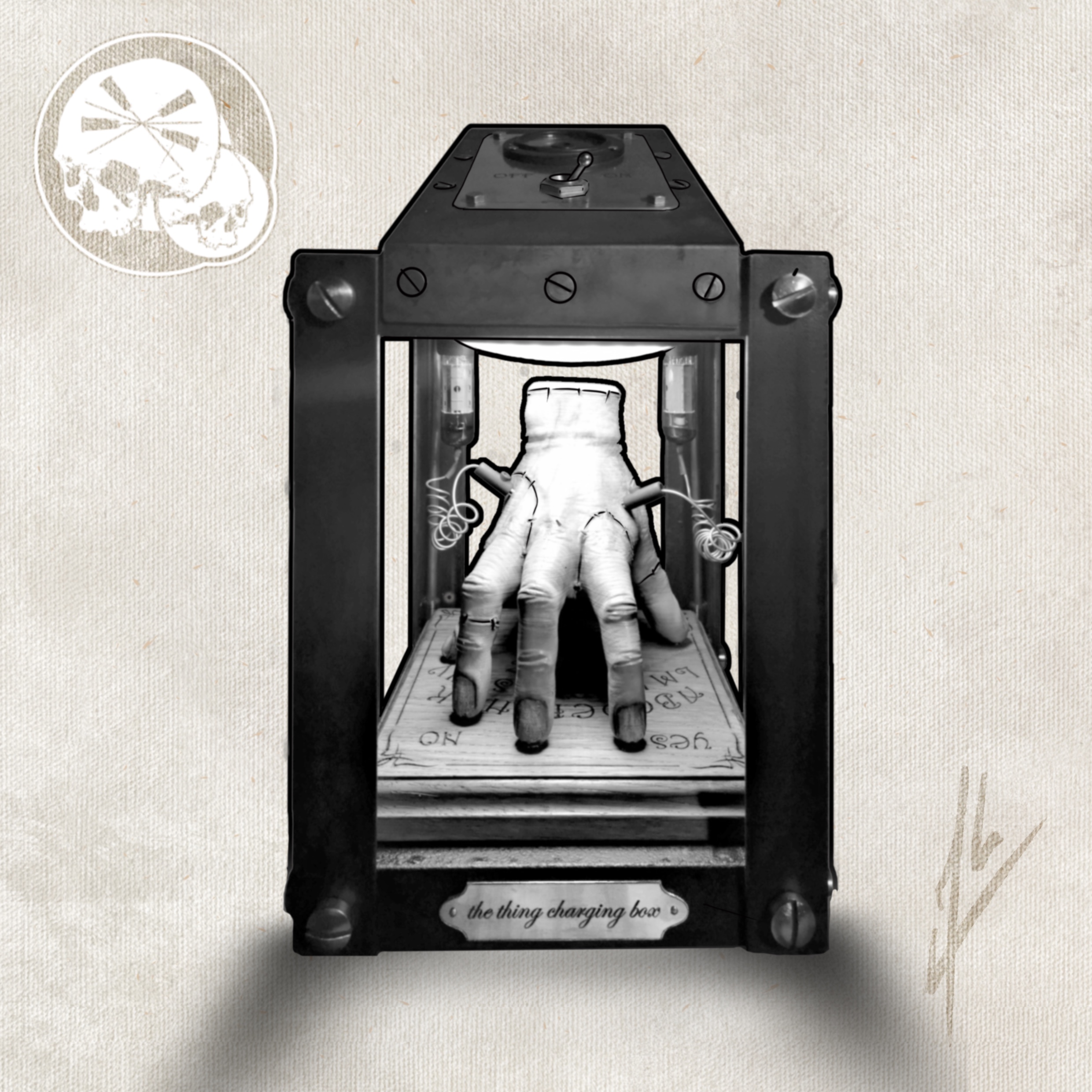 Tatouage noir et gris « La Chose » dans sa boîte de recharge, style industriel — The Needles Factory Boulogne-sur-Mer