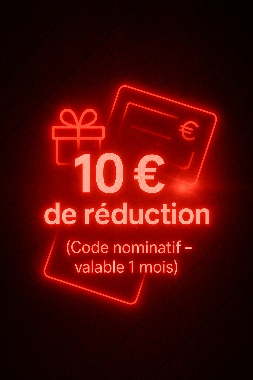 Visuel néon rouge 10 € de réduction, code nominatif valable 1 mois au salon The Needles Factory à Boulogne-sur-Mer