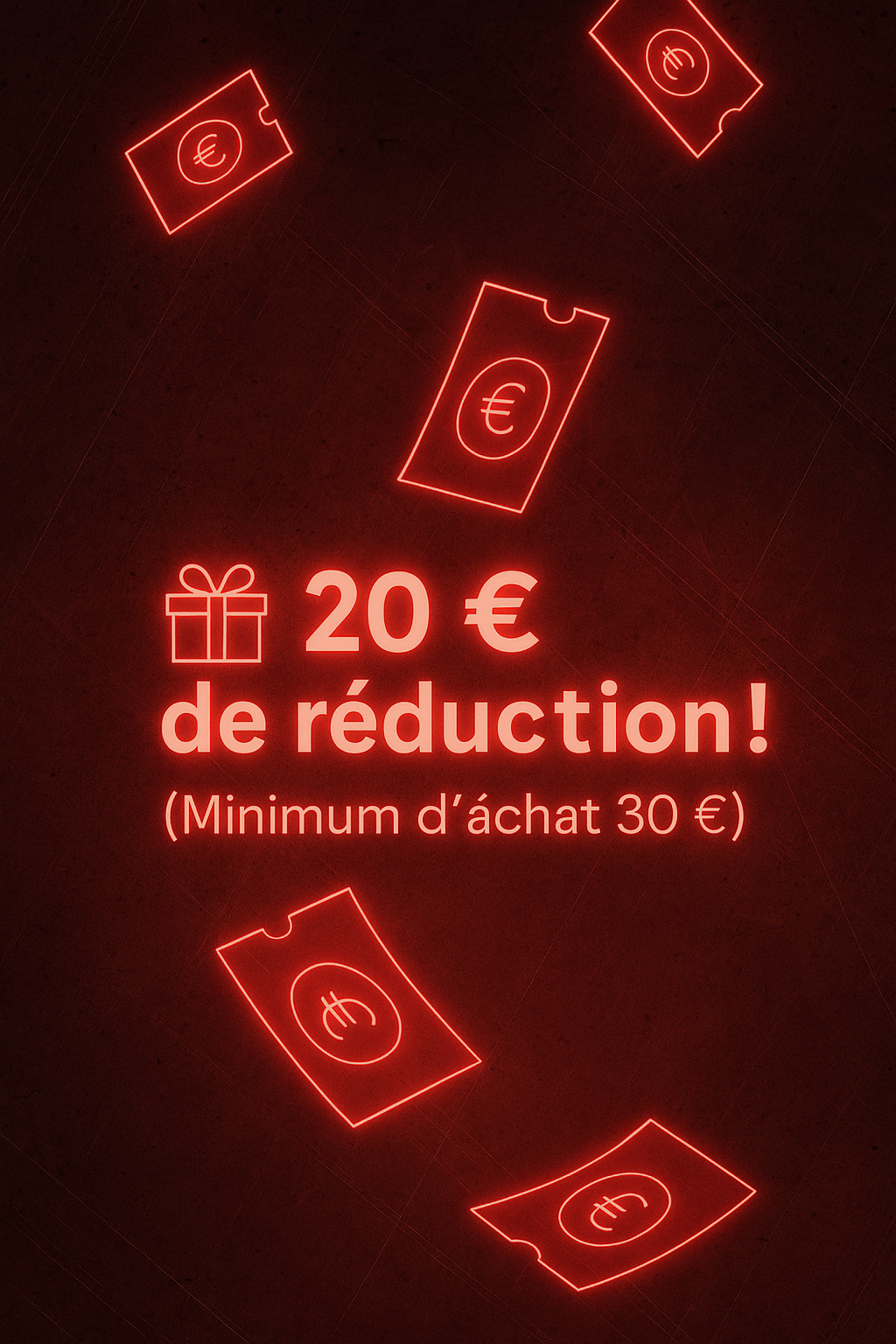 Visuel néon rouge 20 € de réduction, minimum d’achat 30 € au salon The Needles Factory à Boulogne-sur-Mer