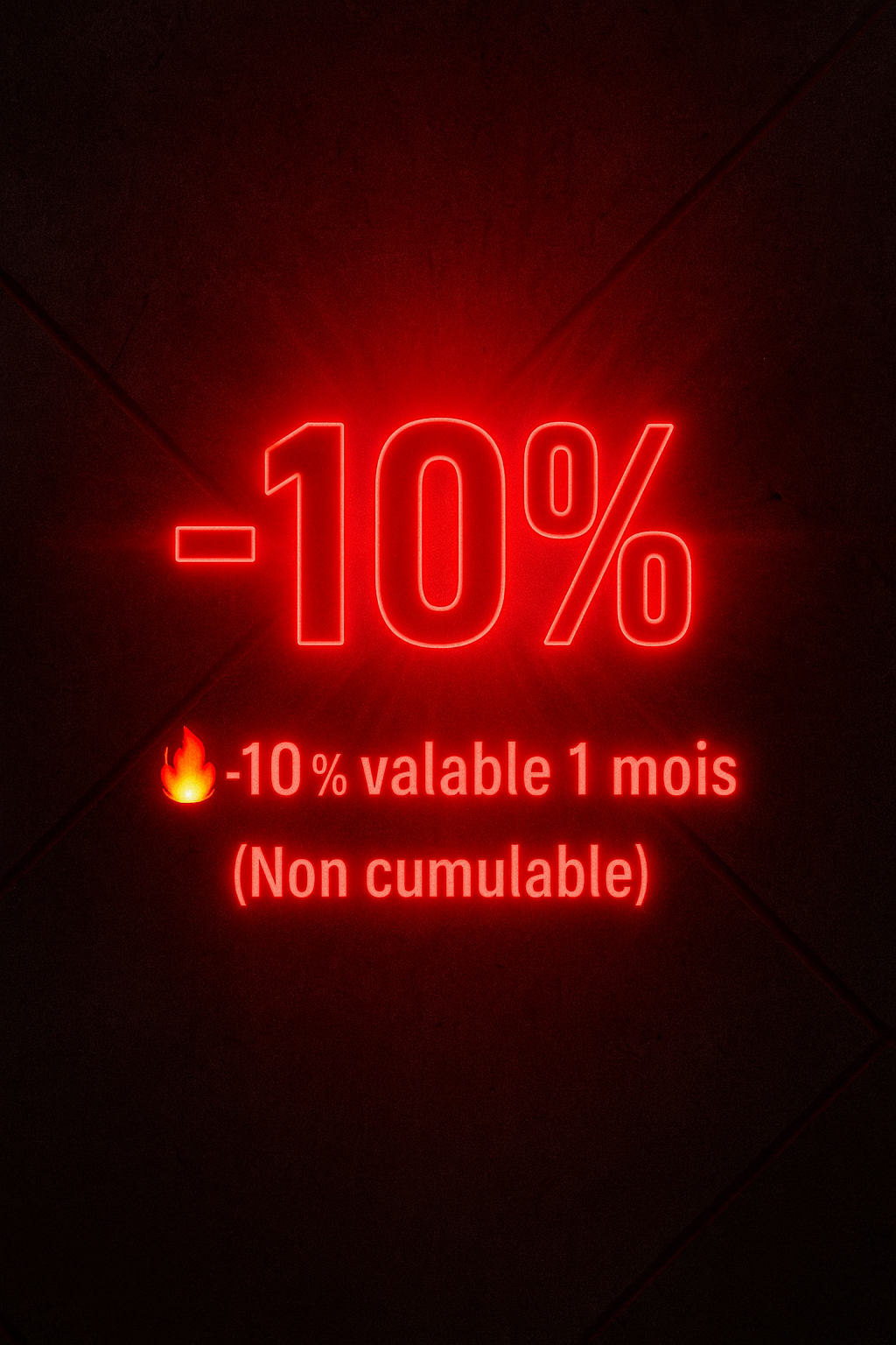 Visuel néon rouge remise de 10 %, valable 1 mois, non cumulable, chez The Needles Factory à Boulogne-sur-Mer