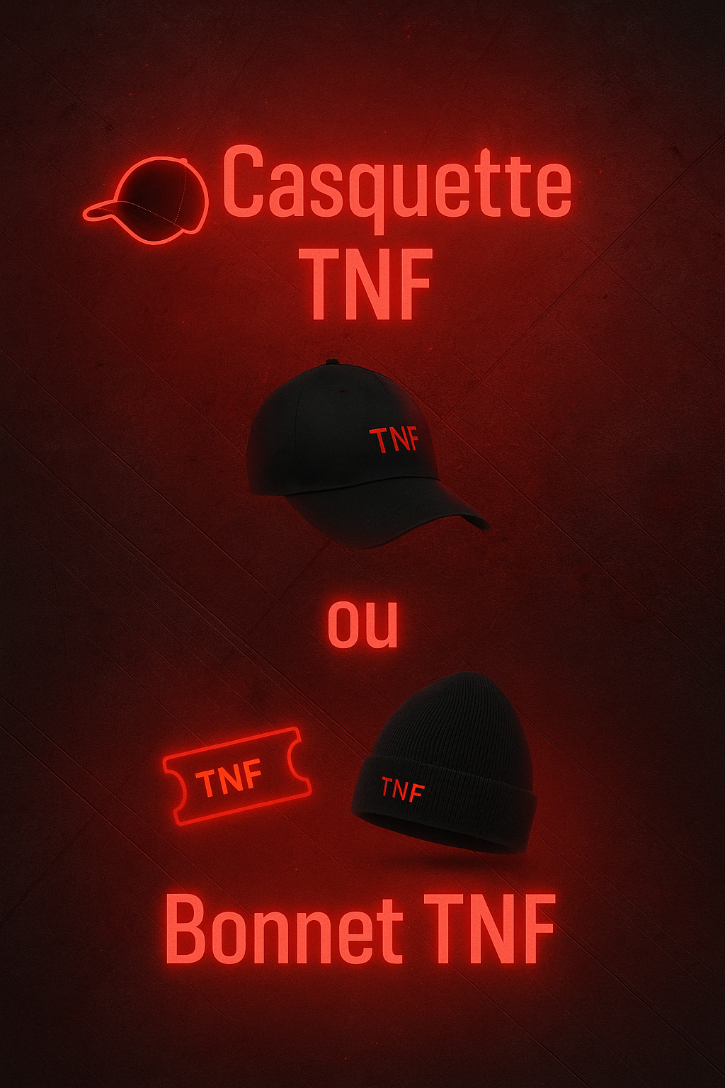 Visuel néon rouge casquette TNF et bonnet TNF, lots à gagner au concours The Needles Factory Boulogne-sur-Mer