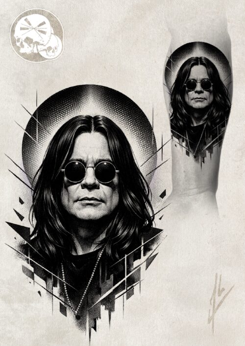 Design flash tattoo Ozzy Osbourne, portrait noir et gris avec éléments graphiques – Alex Needles, The Needles Factory (Boulogne-sur-Mer 62)