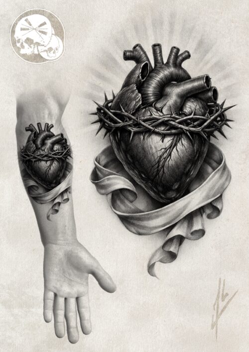 atouage cœur sacré anatomique – Boulogne-sur-Mer (62) | The Needles Factory Tatouage cœur sacré anatomique noir et gris sur avant-bras à Boulogne-sur-Mer (62) – The Needles Factory