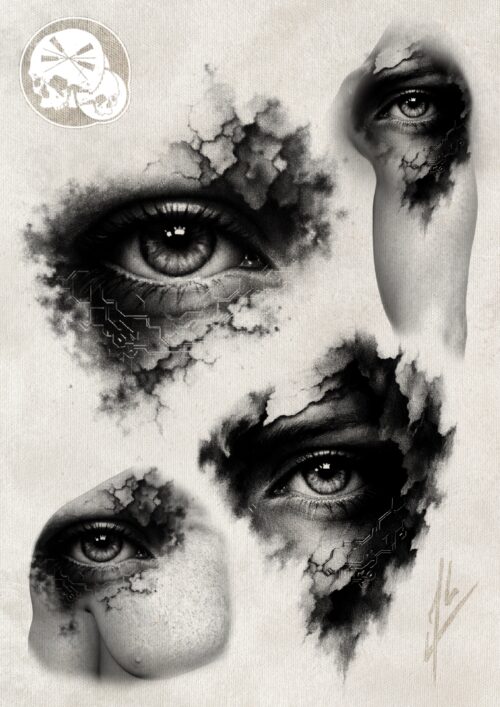 Tatouage œil glitch noir et gris – Boulogne-sur-Mer (62) | The Needles Factory Tatouage œil glitch noir et gris avec fissures sur peau à Boulogne-sur-Mer (62)