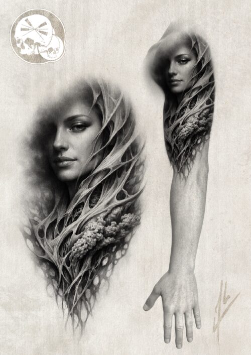 Tatouage portrait femme organique – Boulogne-sur-Mer (62) | The Needles Factory Tatouage portrait femme organique noir et gris sur bras à Boulogne-sur-Mer (62) – The Needles Factory