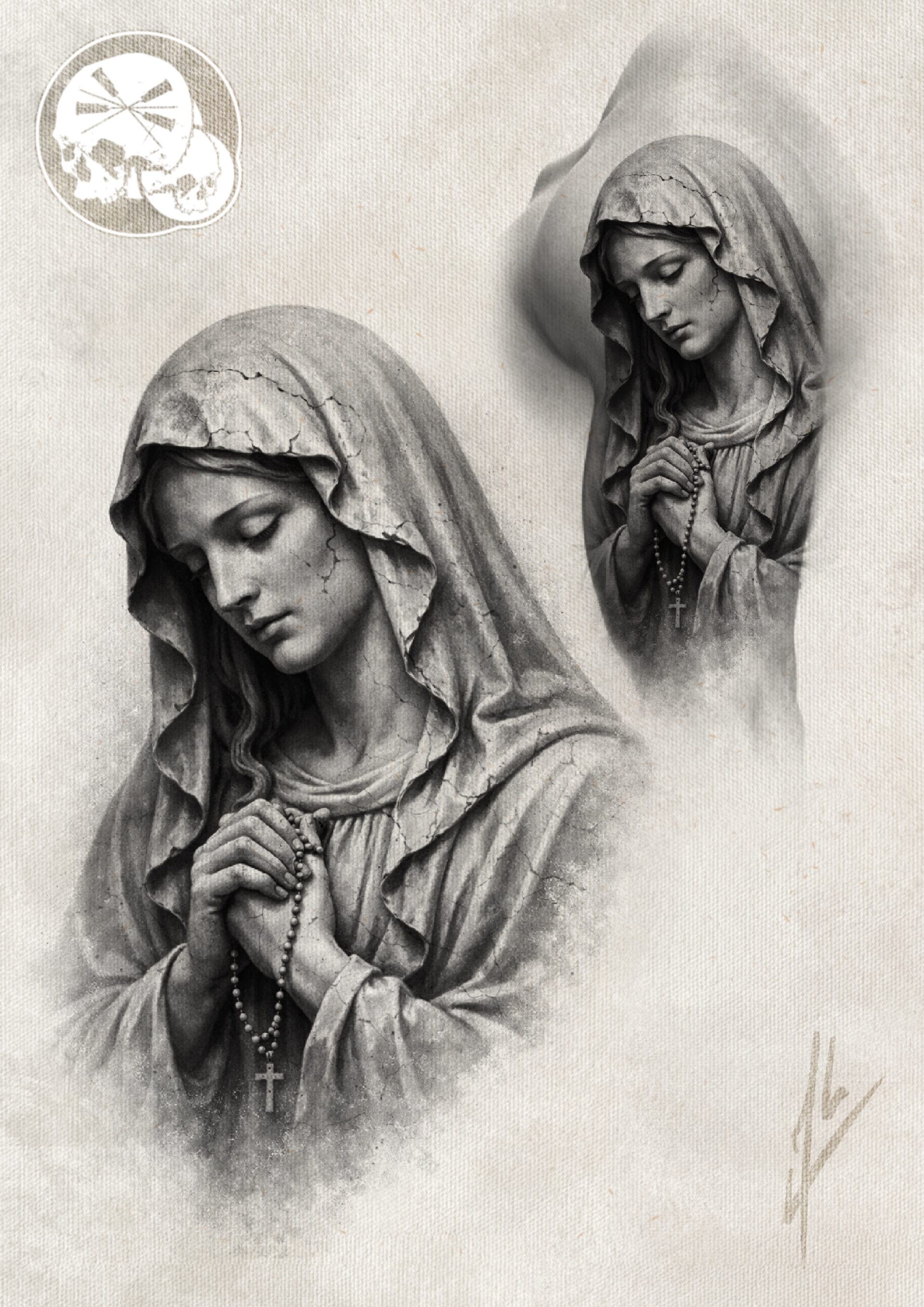 Projets Tatouage Vierge Marie en prière noir et gris sur avant-bras à Boulogne-sur-Mer (62) – The Needles Factory