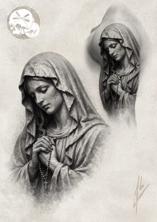 Tatouage Vierge Marie prière chapelet – Boulogne-sur-Mer (62) | The Needles Factory Projets Tatouage Vierge Marie en prière noir et gris sur avant-bras à Boulogne-sur-Mer (62) – The Needles Factory