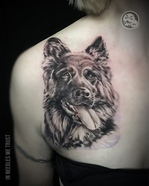 Tatouage hommage portrait réaliste de chienne sur pectoral à Boulogne-sur-Mer (62)