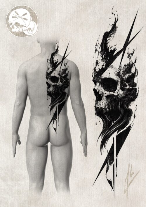 Projet tattoo Crâne Obsidienne full black dos — The Needles Factory Projet tattoo crâne full black pour le dos à Boulogne-sur-Mer