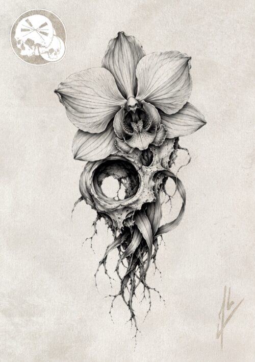 Projet tattoo Orchidée Fossile floral crâne — The Needles Factory Projet tattoo orchidée et crâne en noir et gris à Boulogne-sur-Mer