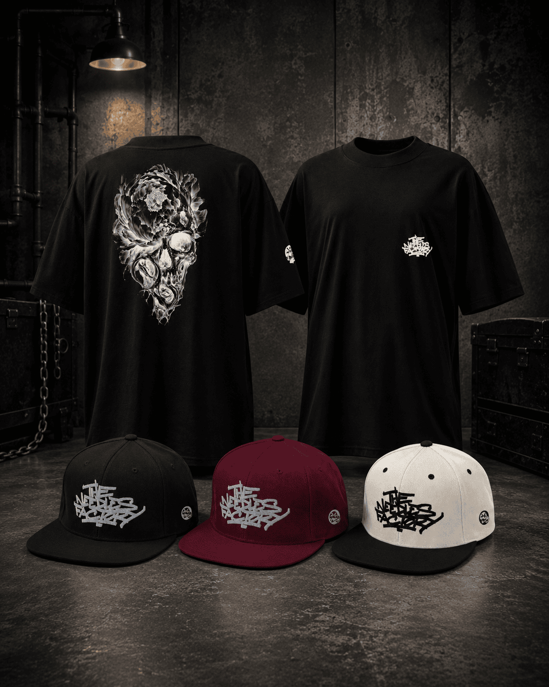 Collection merch The Needles Factory avec T-shirts et casquettes sur fond industriel