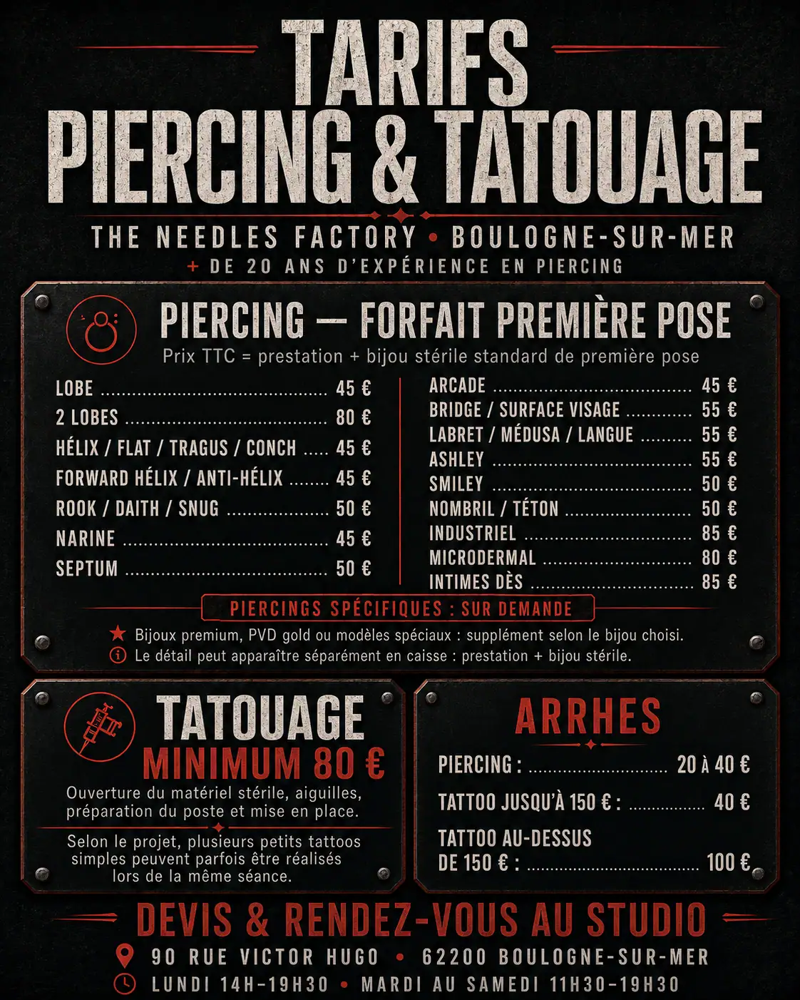 Grille des tarifs piercing et tatouage à Boulogne-sur-Mer – The Needles Factory