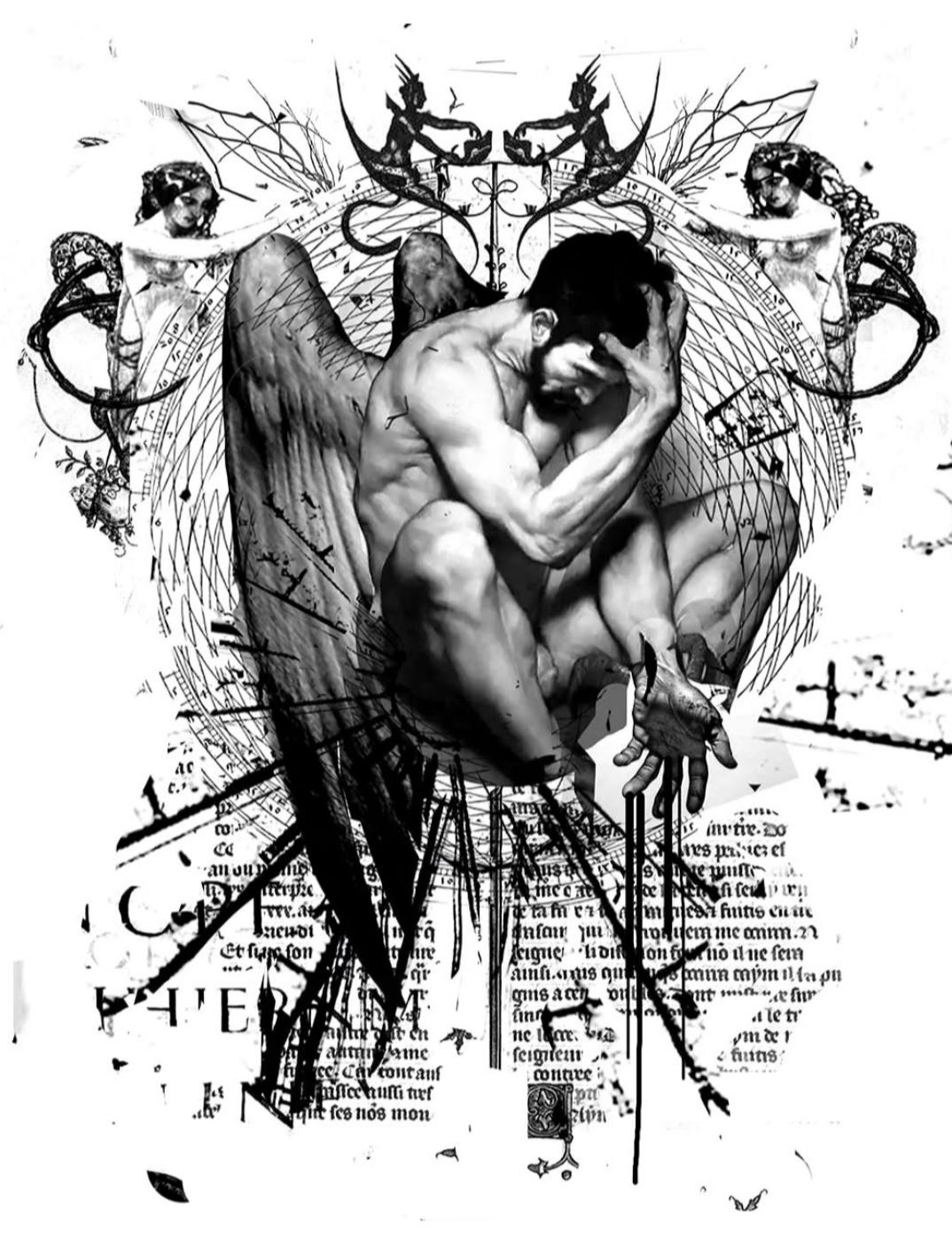 Projet blackwork d’un homme ailé